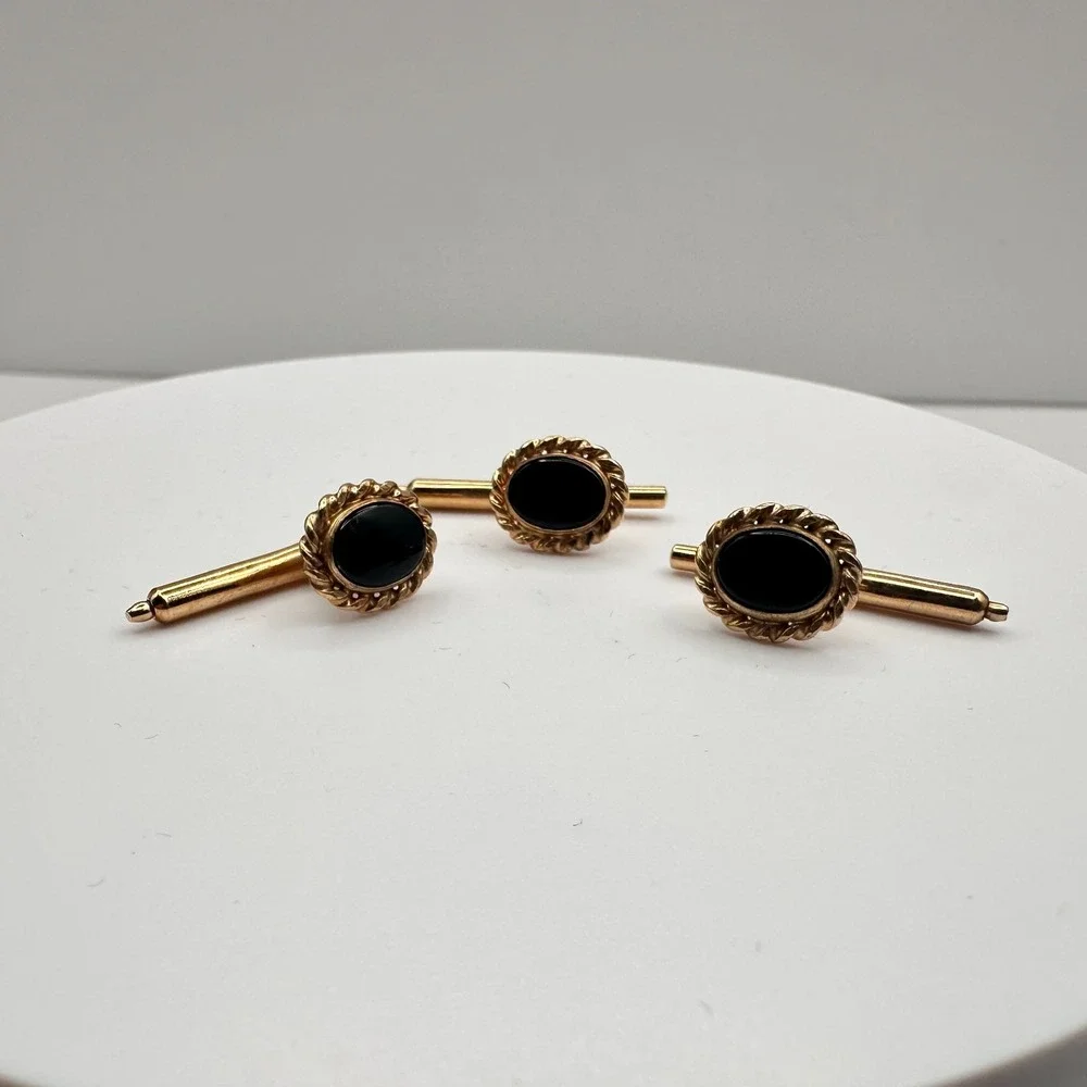 Vintage 90s Gold Tone‎ Twisted Rope Edge Black Onyx Cufflinks Set Jewelry